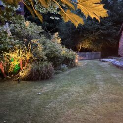 Directional spotlights installed to illuminate flowerbeds and trees